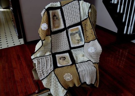 photo memory crocheted afghan Growing Up On A Farm, 89th Birthday, Memory Blanket, Mesh Wreath Tutorial, Brother Embroidery Machine, Rustic Entryway, Memory Pillows, I Love This Yarn, Crochet Things