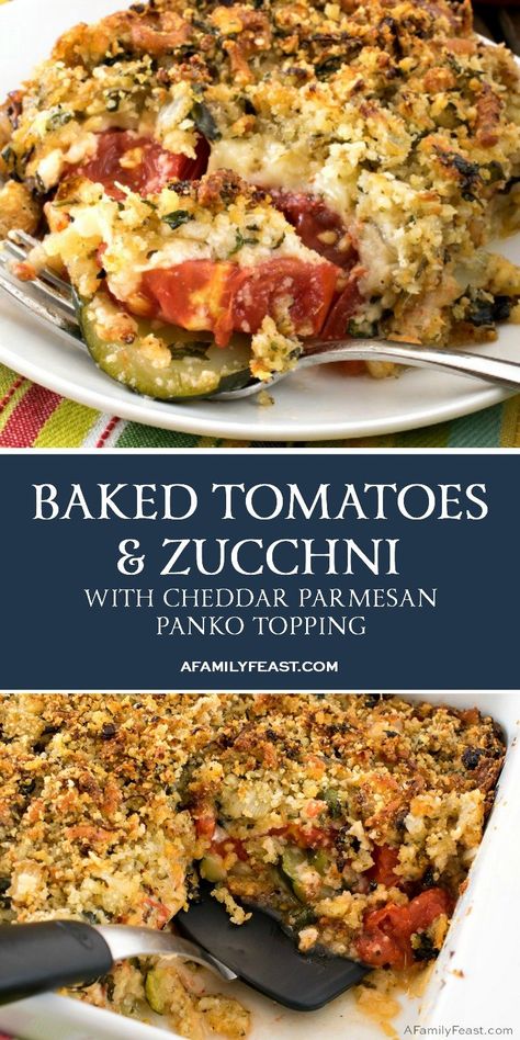 Our Baked Tomatoes and Zucchini with Cheddar Parmesan Parmesan Topping makes a delicious meatless meal or side dish that kids and grown-ups will both love. Basil Zucchini Recipes, Zucchini And Tomato Recipes Baked, Summer Squash And Tomato Recipes, Roman Tomato Recipes, Tomatoes And Zucchini Recipes, Recipes Using Tomatoes, Tomato Zucchini Bake, Tomatoes And Zucchini, Tomatoes Recipes