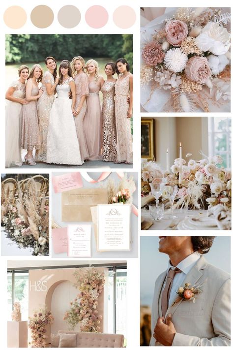 Elegant Beige and Blush Pink Wedding Color Theme Blush Pink And Beige Wedding, Rose Wedding Colors, Beige Wedding Theme, Cream Wedding Theme, Pink Champagne Wedding, Pink Wedding Palette, Champagne Wedding Themes, Champagne Color Palette, Cream Wedding Colors