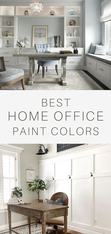 Best home office paint colors. After doing research here are the best home office paint colours. Paint colors in your home off like Hale Navy, Morning Fog, Sea Salt, Alabaster, agreeable gray. Great wall paint ideas for offices. Start with these home office ideas when selecting your paint color. Home off inspiration using neutral, light color, accent wall paint colors. Home office paint ideas for women and men. Modern colors from Sherwin Williams, Behr and Benjamin Moore. Agreeable Gray Office Ideas, Paint Colors For Small Office, Best Paint For Office Walls, Office Built In Paint Colors, Office Room Paint Colors, Home Office Accent Wall Color, Office With Light Blue Walls, Relaxing Paint Colors For Office, Calming Home Office Colors