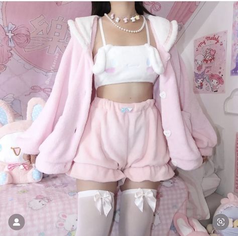 Hot And Cute Outfit, Pink Fem Outfits, Pastel Pink Clothes Aesthetic, Cutesy Pink Outfits, Cute Pink Clothes Aesthetic, Kawaii Lounge Wear, Kawwai Outfit Ideas, Pink Aesthetic Clothing, My Melody Outfit Ideas