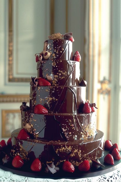 Elegant Dark Chocolate Cascade Cake | Birthday Cake Aesthetic Dark Chocolate Cake Design, Chocolate Wedding Cake Ideas, Wedding Cake Chocolate, Stylish Cake, Birthday Cake Aesthetic, Chocolate Cake Designs, Wedding Colors Red, Edible Gold Leaf, Cake Birthday Cake