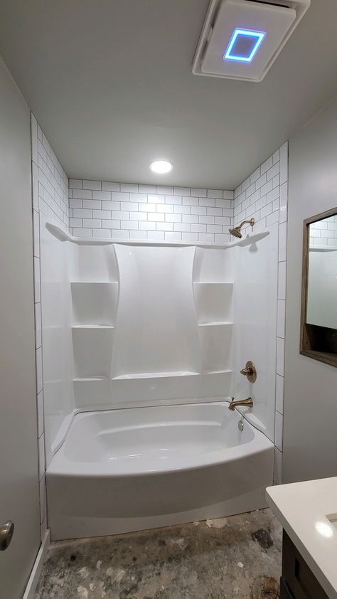 One Piece Tub Shower Unit, Subway Tile And Stone Bathroom, New Tub Shower Combo, Tube Shower Combo Small Bathrooms, Insert Shower Makeover, Diy Shower Bathtub Remodel, One Piece Tub Shower Combo Remodel, Bathroom With Tub Insert, Tub Shower Remodel On A Budget