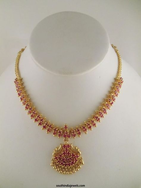 Ruby Necklaces | Gems Gallery - Part 6 Kempula Haram Designs Gold, Kempula Necklace Designs, 1gram Gold Earrings, Latest Ruby Necklace Designs, Ruby Necklace Indian Gold, Latest Choker Necklace Designs, Ruby Necklace Designs, Indian Gold Necklace Designs, Gold Ruby Necklace