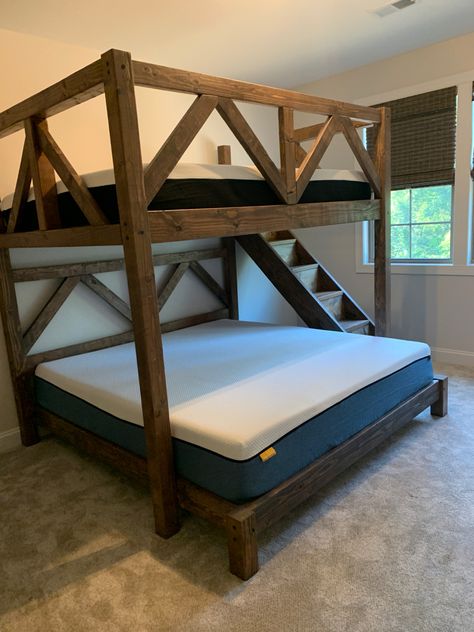 Custom bunk beds built for adults, vacation homes, guest rooms. Rustic Queen Bunk Beds, Bunk Bed Rooms Cabin, Low To The Ground Bunk Beds, Bunk Over King Bed, Diy King Bunk Bed, Wood Bunk Beds Diy, Rustic Cabin Basement Ideas, Bunk Rooms For Adults Cabin, King Size Bunk Bed Ideas