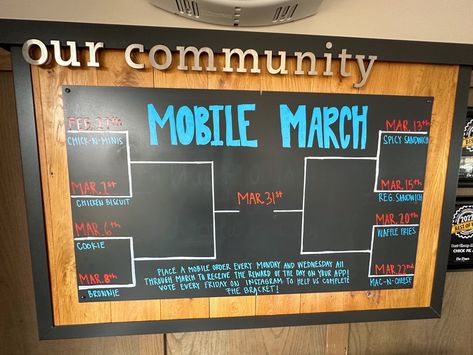 March madness themed community board Chickfila chick-fil-a mobile March cfa Leasing Goal Board Ideas, Cfa Community Boards, Starbucks Partner Board Ideas, Chickfila Community Board, Chick Fil A Board, Spicy Sandwich, Chalkboard Lettering, Community Boards, Chalkboard Ideas