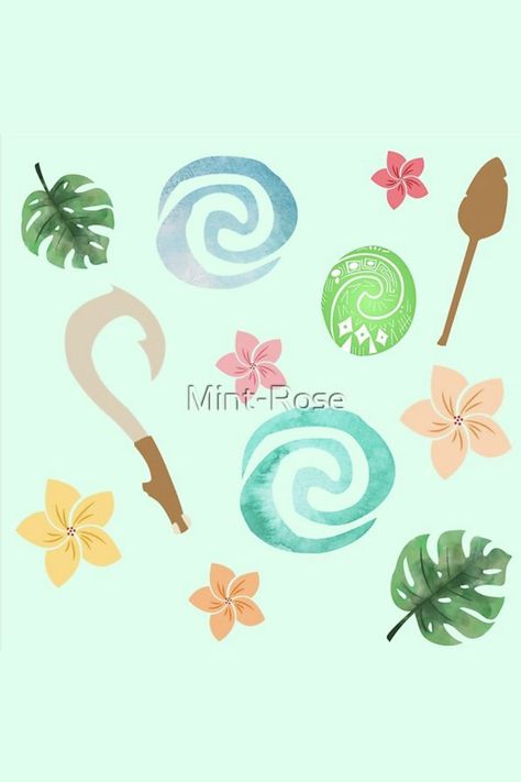 Pattern inspired by Moana, including the water symbol, Maui's fish hook, Moana's oar, the Heart of Te Fiti, and tropical flowers and leaves available on my RedBubble shop (Mint-Rose) with over 90 types of products available Maui Fish Hook, The Heart Of Te Fiti, Moana Drawing, Moana Tattoos, Disney Moana Art, Maui Moana, Heart Of Te Fiti, Te Fiti, Water Symbol