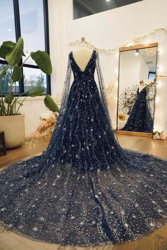 Night Sky Dresses, Night Sky Dress, Dress With Cape Sleeves, Starry Wedding, Galaxy Wedding, Starry Night Wedding, Dress With Cape, Non Traditional Wedding, Celestial Wedding