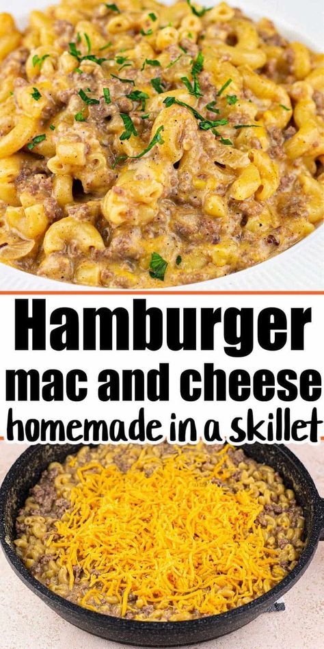 Try this homemade cheeseburger macaroni for a quick and easy dinner recipe! If you like hamburger helper, you're going to LOVE this cheap stovetop casserole!  It's packed with elbow macaroni noodles, extra cheese, beef broth, and ground beef, making this recipe a cheap and satisfying meal. Add this meaty pasta to your meal-planning menu!  It's made from scratch in one skillet, kid-friendly, and totally tasty!  Your family will love this cheesy comfort food. Recipes With Elbow Noodles, Hamburger Mac, Elbow Macaroni Recipes, Hamburger Mac And Cheese, Beef Mac And Cheese, Cheese Stuffed Shells, Easy Hamburger, Macaroni Recipes, Keto Beef Recipes