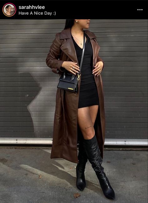 Black Dress Brown Jacket, Long Brown Leather Trench Coat Outfit, Brown Leather Coat Outfit Women, Long Brown Trench Coat Outfit, Long Brown Leather Coat Outfit, Brown Long Jacket Outfit, Brown Leather Trench Outfit, Long Brown Leather Coat, Long Brown Jacket Outfit