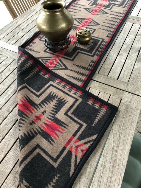 Table Runner in Oregon Wool-harding, Black Tan and Red Tribal Design Runner-native American Wool Runner, 65 X 17 1/2 - Etsy Pendleton Fabric, Ranch Furniture, Aztec Decor, Ranch House Decor, Native American Decor, Fabric Feathers, Pendleton Blanket, Southwest Decor, Pendleton Wool