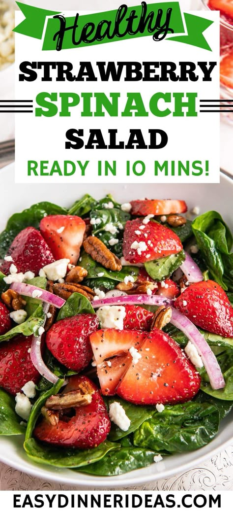 This easy spinach strawberry salad is filled with fresh baby spinach, juicy strawberries, crunchy pecans, and more. Perfect for summer! Strawberry Salad Recipe, Strawberry Feta, Strawberry Spinach Salad, Homemade Balsamic Vinaigrette, Spinach Salad Recipes, Strawberry Spinach, Spinach Strawberry Salad, Fresh Salad Recipes, Oh My Goddess