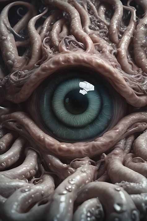 Creepy eye with tentacles from a horror movie. Very scary. Cosmic Entities, Human Eyeball, Realistic Eye Tattoo, Lovecraft Art, Eye Tattoos, Many Eyes, Sunken Eyes, Helmet Art, Horror Photography