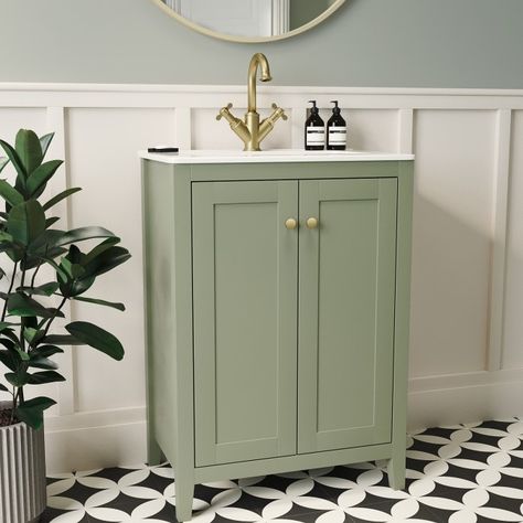 Small Vanity Ideas Bathroom, Green Bathroom Furniture, Shaker Vanity, Green Vanity, Freestanding Vanity Unit, Freestanding Vanity, Basin Unit, Small Vanity, Small Toilet