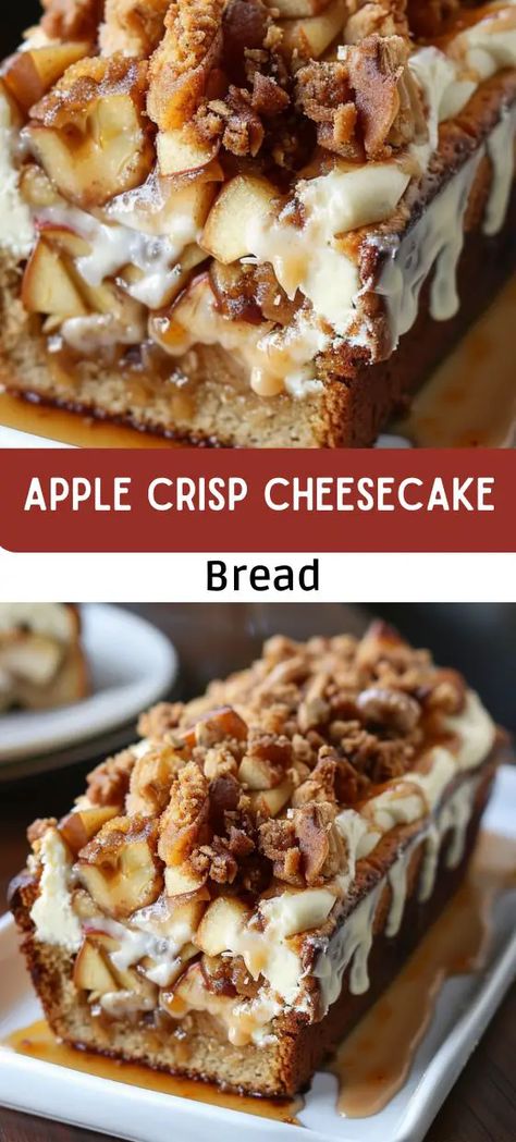 Apple Crisp Cheesecake Bread Cream Cheese Apple Bread, Apple Crisp Cheesecake Bread Recipe, Apple Cheesecake Bread, Apple Crisp Cheesecake Recipe, Cheesecake Bread, Dessert Loaf, Apple Crisp Cheesecake, Yummy Cheesecake, Sweet Glaze