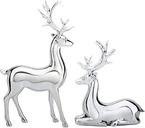 Amazon.com: WUANGYOL Metal Deer Reindeer Statues Décor Indoor Christmas Collectible Figurines Decoration Mantel Living Cabinet Wine Desk Office Ornament Xmas 2PCS(Silver) : Home & Kitchen Reindeer Statue, Center Table Decor, Minimalist Christmas Decor, Christmas Reindeer Decorations, Deer Statues, Christmas Centers, Reindeer Figurine, Statue Art, Reindeer Decorations