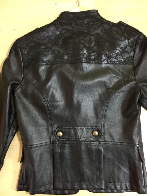 Jacket repair - peeling pleather camouflaged with lace Repair Faux Leather Jacket, Faux Leather Jacket Repair Diy, Repair Leather Jacket, Leather Jacket Repair, Diy Leather Jacket, Shirt Transformation, Shirt Makeover, Pleather Jacket, Diy Jacket