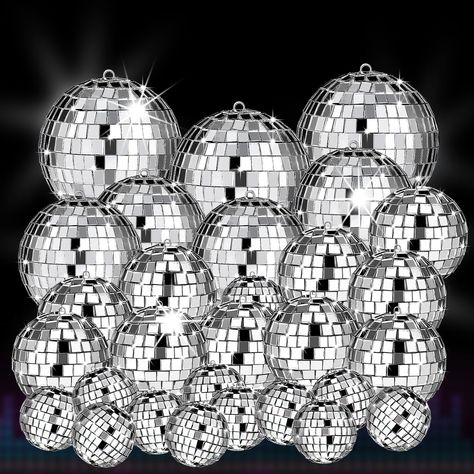 PRICES MAY VARY. 【Sufficiant Quantity】: 54 pcs disco ball consist of large disco ball as well as small disco ball in proper size, 3.2 inch, 2.4 inch, 2 inch and 1.2 inch, which allow you to match them more freely and meet the needs of various scenes. 【Reflective Mirror Material】: Made of foam material inside with high reflectivity mirror squares covered on its surface, which reflects bright light. Dynamic light adds a cheerful atmosphere to the party. 【Disco Ball Room Decor】: Add some groove to Disco Ball Room Decor, Small Disco Ball, Large Disco Ball, Disco Witch, Silent Disco Party, Winter Wonderland Holiday Party, Disco Ball Cake, Disco Ball Hanging, Party Disco Ball