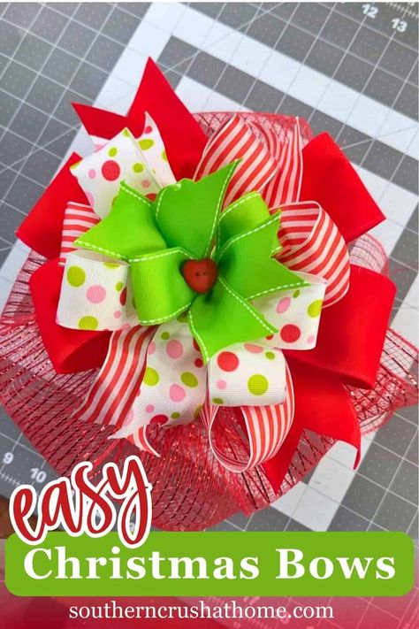 How To Make A Bow With Wired Ribbon Diy, Christmas Present Bows Diy, Gift Bows Diy Ribbon Easy, Multi Ribbon Bow Tutorial, Easy Christmas Ornaments Diy, Diy Christmas Bows, Grinch Fudge, Ez Bow Maker, Grinch Bow