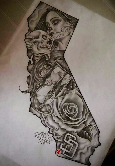 Cali                                                                                                                                                                                 More Skull Face Tattoo, San Diego Tattoo, Chicanas Tattoo, Design Your Own Tattoo, Catrina Tattoo, California Tattoo, Gangsta Tattoos, Prison Art, Chicano Tattoos