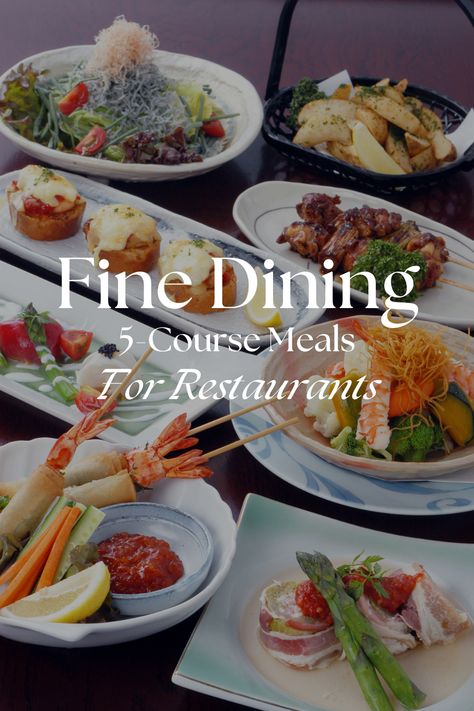 A typical five-course meal consists of one-bite hors d’oeuvres, a plated appetizer, a palate-cleansing salad, the main entrée, and dessert. Here are a few five-course menu ideas to inspire you. 10 Course Meal Menu Ideas, 5 Course Meals, 5 Course Meal Ideas Menu Dinner Parties, Gourmet Menu Ideas, Multiple Course Dinner, Summer Menu Ideas Restaurant, International Menu Ideas, 12 Course Meal, 3 Course Dinner Party Menu Ideas