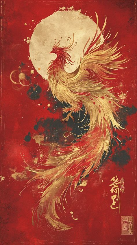 Fire Bird Aesthetic, Pheonix Aestethic Wallpaper, Phoenix Aesthetic Bird, Vermillion Bird, Chinese New Year Sticker, Phoenix Aesthetic, Phoenix Illustration, Phoenix Chinese, Chinese New Year Wallpaper