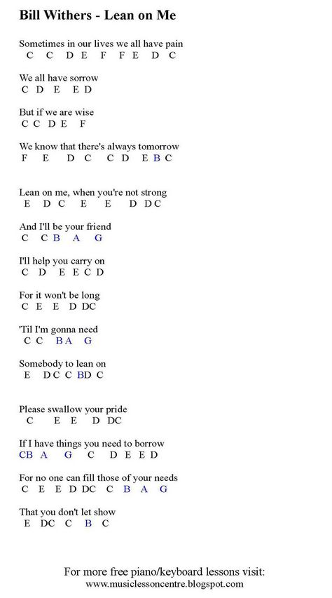 MUSIC LESSONS: Free Piano Lessons - Learn how to play "lean on me" on the piano Piano Music With Letters, Free Piano Lessons, Sheet Music With Letters, Piano Songs For Beginners, Keyboard Sheet Music, Piano Sheet Music Letters, Beginner Piano Music, Piano Music Easy, Piano Chords Chart