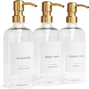 Stylish Shampoo and Conditioner Dispenser Set of 3 - Modern 21oz Shower Soap Bottles with Pump and Labels - Easy to Refill Body Wash Dispensers for an Instant Bathroom Decor Upgrade Reusable Shampoo And Conditioner Bottles, Shampoo Conditioner Dispenser, Hotel Shampoo Bottles Ideas, Bathroom Shampoo Storage Ideas, Shampoo Station Ideas, Shampoo And Conditioner Dispenser, Shower Bottles, Shower Dispenser, Hotel Shampoo