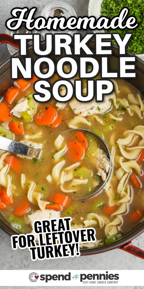 The most flavorful turkey soup is made from scratch with leftover turkey! We love serving a bowl of this warm & hearty soup with fresh buns or crackers. This classic soup is perfect for those chilly winter days. It only takes 25 minutes to make, which means it’s perfect for a quick weeknight meal. #turkeynoodlesoup #homemadeturkeysoup #soup #spendwithpennies Turkey Manhattan Recipe, Turkey Manhattan, Homemade Turkey Noodle Soup, Turkey Meatball Recipes, Easy Turkey Soup, Fresh Buns, Turkey Soup From Carcass, Homemade Turkey Soup, Manhattan Recipe