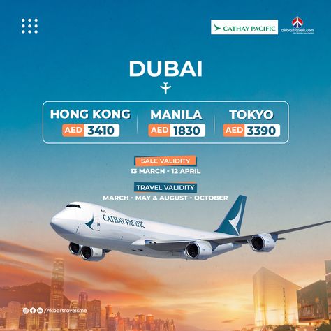 🌟✈️ Exciting news travelers! Experience the world with Cathay Pacific's special fares from Dubai to your dream destinations! 🌏✨ 🇭🇰 Dubai to Hong Kong: AED 3,410 🇵🇭 Dubai to Manila: AED 1,830 🇯🇵 Dubai to Tokyo: AED 3,390 📅 Sale Validity: March 13th - April 12th ✈️ Travel Validity: March - May & August - October 🎉 Don't miss this opportunity to explore these incredible cities at amazing prices! Book now and let your adventures begin! 🎫✨ Visit: https://www.akbartravels.com/ae/flight #cathay... New Product Ads, Travel Design Ideas, Travel Social Media Design, Travel To Uk, Travel Advertising Design, Travel Banner, Travel Website Design, Travel Creative, Travel Ad