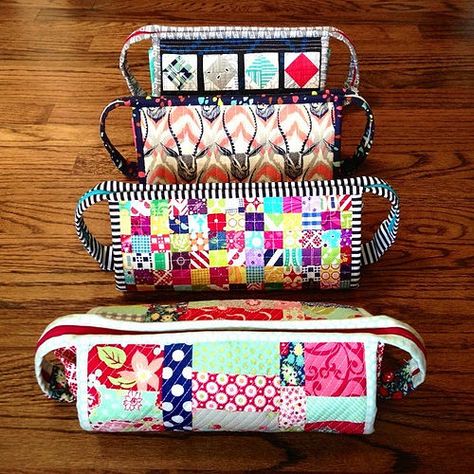 Four of seven sew together bags Quilted Accessories, Quilters Bag, Accordion Bag, Sew Together Bag, Sewing Retreats, Casserole Carrier, Mom Bags, Small Projects, Gear Bag