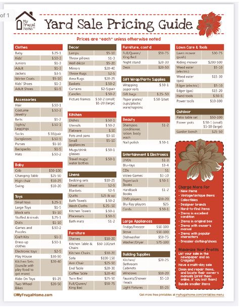 Yard Sale Printables, Yard Sale Pricing Guide, Yard Sale Ideas, Yard Sale Display, Yard Sale Organization, Lawn Care Business Cards, Diy Yard Decor, Yard Sale Pricing, Yard Ideas Cheap