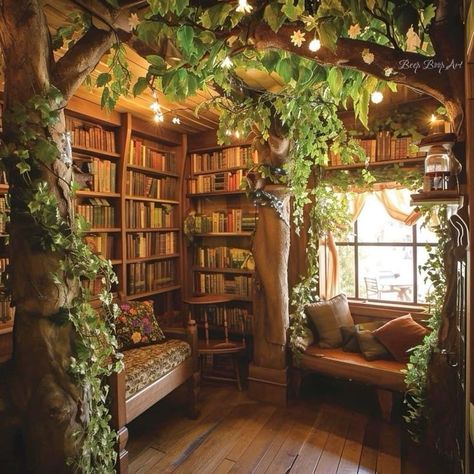 Cottage Core Library Aesthetic, Goblincore Library, Fairycore Library, Cute Treehouse Ideas, Cottage Core Library Room, Treehouse Library, Fairytale Library, Nature Library, Library Fairy