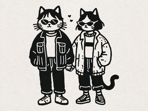 Couple Cat Illustration, Cat Caricature Drawings, Cat Art Design, Cat Illustration Black And White, Dancing Cat Art, Gen Z Illustration Style, Quirky Illustration Graphics, Couples Illustration Cute, Cat Head Illustration