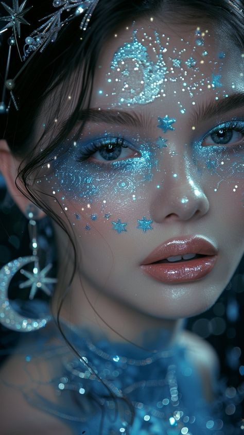 Galactic Halloween Costume, Moon Fairy Aesthetic Outfit, Galactic Aesthetic Outfit, Cosmic Outfit Aesthetic, Moon Fairy Makeup, Otherworldly Makeup, Moon And Stars Outfit, Celestial Outfit Aesthetic, Y3k Makeup