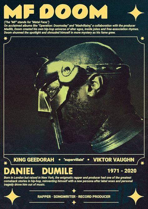 MF DOOM Poster Mf Doom Poster, Doom Poster, Canvas Wall Art Bedroom, Poster For Room, Damien Chazelle, Aesthetic Canvas, Art Bedroom Decor, Hip Hop Poster, Bedroom Wall Collage