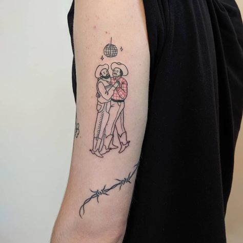 Handpoked Tattoos on Instagram: “Slow dancing cowboys for the sweetest Dax, thank you so much! 🤠❤️🤠 Above some barbed wire by @notcoolneverwas . . . . . . . #stickandpoke…” Goth Cowboy Tattoo, Space Cowboy Tattoo, Gay Tattoos, Dancing Tattoo, Cowboy Tattoo, Goth Cowboy, Gay Tattoo, Dance Tattoo, Cowboy Tattoos