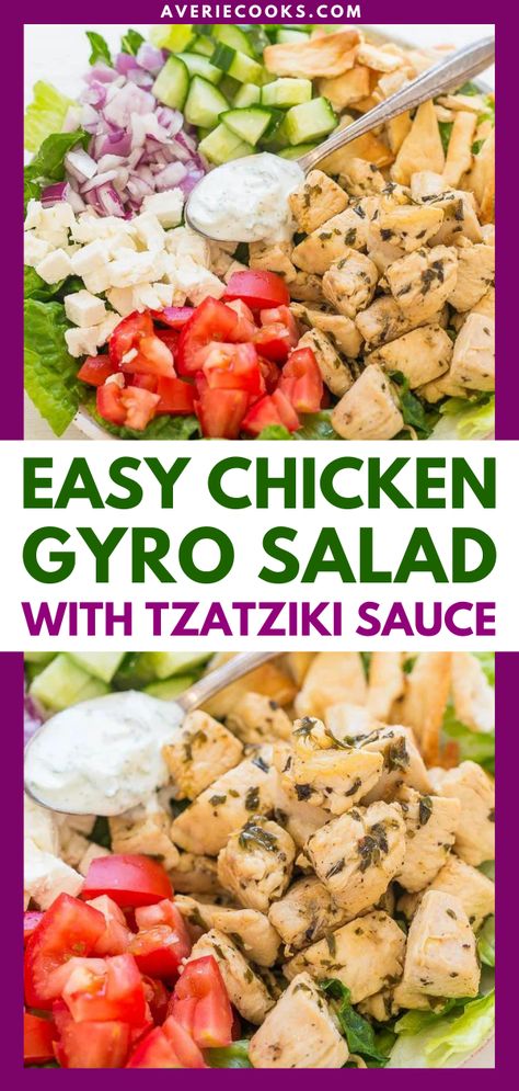 Chicken Gyro Salad, Healthy Gyros, Tzatziki Chicken, Gyro Salad, Chicken Gyro, Greek Chicken Salad, Homemade Tzatziki Sauce, Averie Cooks, Homemade Tzatziki