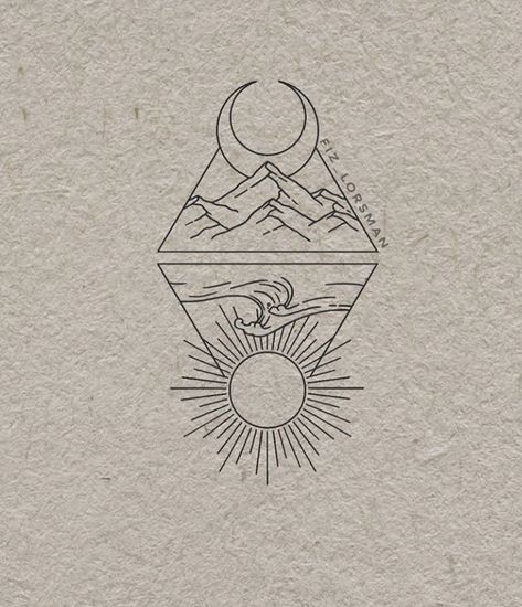 Sun With Mountains Tattoo, Sun Moon Ocean Forest Tattoo, Desert Ocean Tattoo, Sun Sea Mountain Tattoo, Mountain Sun And Moon Tattoo, Sun Moon Ocean Mountain Tattoo, Sun Moon Mountain Wave Tattoo, Mountain And Sea Drawing, Triangle Moon Tattoo