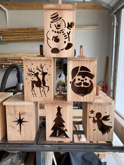 "Christmas lantern faces CRV/CNC/DXF/SVG cut file. Setup to cut on cedar fence pickets 6\" x 72\" x 1/2\"" Christmas Cnc Projects, Christmas Diy Wood, Woodworking Tutorials, Wooden Christmas Crafts, Christmas Lantern, Cnc Files, Diy Wooden Projects, Wooden Lanterns, Wood Shop Projects