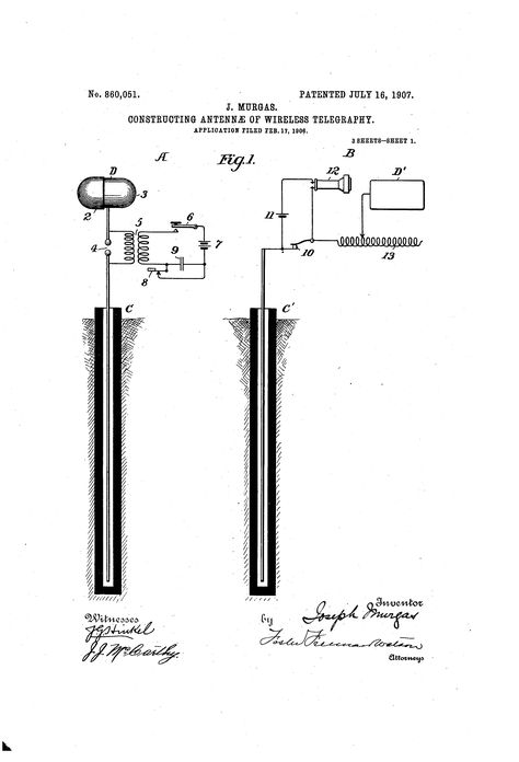 Patent US860051 - Constructing antennæ of wireless telegraphy. - Jul 16, 1907 Tesla Technology, Earth Connection, Nicolas Tesla, Earthing Grounding, Electrical Diagram, Kuantan, Show Me The Money, Amateur Radio, Nikola Tesla