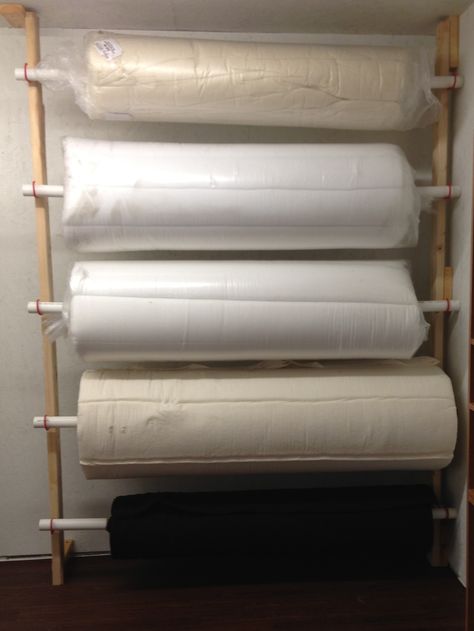 2 2x4s plus a few scraps + 10 bicycle hooks + 5 pcs of 1.5" PVC pipe 6 foot long= BATTING RACK for me! Quilt Room Organization, Sewing Studio Organization, Sewing Room Inspiration, Sewing Room Storage, Sewing Room Design, Sewing Room Decor, Sewing Storage, Sewing Room Organization, Quilting Room