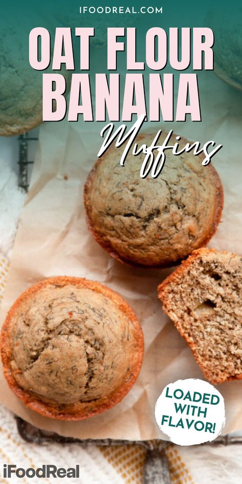 These Oat Flour Banana Muffins are made with just a few simple ingredients and even easier steps! The result is moist and fluffy muffins that are absolutely loaded with banana flavor and you’ll love every bite. Try out these muffins today for a delicious snack or a tasty breakfast treat! Banana Muffins With Oat Flour, Oat Flour Breakfast Muffins, Oat Flour Muffins Healthy, Oat Flour Banana Bread Muffins, Oatmeal Banana Muffins No Flour, Oat Flower Muffins, Banana Oat Flour Muffins, Banana Muffins Oat Flour, Oat Flour Mini Muffins