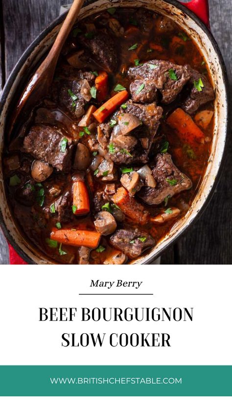 Mary Berry Beef Bourguignon Slow Cooker Crockpot Short Rib Bourguignon, Slow Cook Beef Bourguignon, Crockpot Beef Stew With Wine, Slow Cooker Boeuf Bourguignon, Crock Pot Beef Burgundy, Slow Cooker Beef Bourguignon Recipe, Beef And Red Wine Recipes, Beef Bourginon Recipe Slow Cooker, Crockpot Beef Bourguignon Slow Cooker