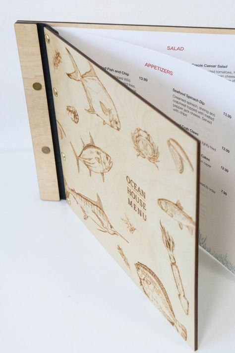 Wooden Menu Cover, Menu Binding Ideas, Wooden Menu Holder, Menu Book Design, Wooden Menu Board, Engraving On Wood, Menu Cover Design, Check Presenters, Wood Menu