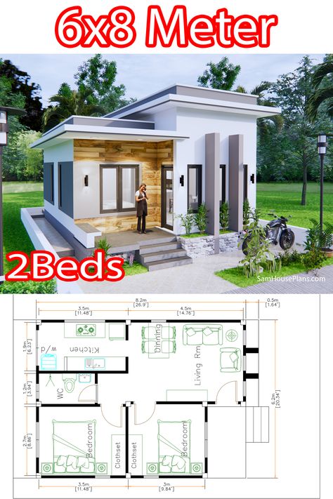 2 Beds House Plans, 6 X 8 House Plan, Very Small House Plans, Two Bed House Plans, Two Bed Rooms House Plans, Small House With High Ceiling, Small House 2 Bedroom Plans, Small House Design 2 Bedroom, Floor Plans For Small House