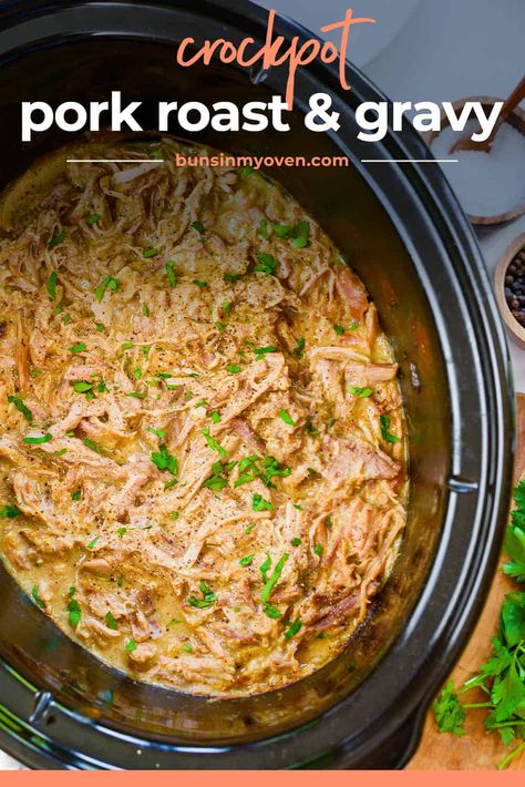 This crock pot pork roast is one of the easiest crock pot recipes ever! Just 3 ingredients and the gravy makes itself right in the slow cooker. You'll end up with tender, flavorful pork roast and gravy that's perfect over mashed potatoes, rice, or egg noodles! Pork Roast And Gravy, Roast And Gravy, Crock Pot Pork Roast, Pork Roast Crock Pot Recipes, Roast Gravy, Crockpot Pork Roast, Rice And Gravy, Crock Pot Pulled Pork Recipe, Crock Pot Pork