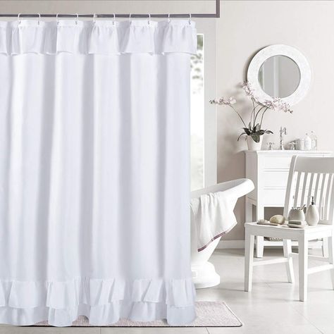 White Ruffle Shower Curtain, Pom Pom Shower Curtain, Ruffle Shower Curtain, Shower Curtain Farmhouse, Shabby Chic Shower Curtain, Shabby Chic Shower, Curtains For Bathroom, Ruffle Shower Curtains, Ruffle Curtains