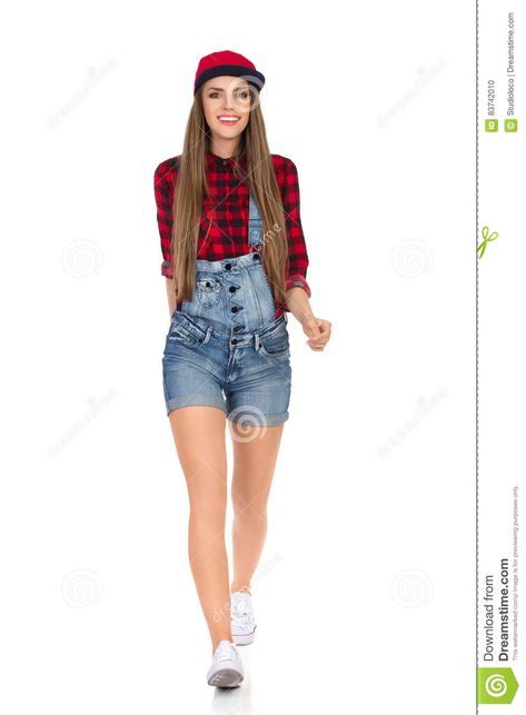 Casual Woman Walking Towards Camera. Photo about full, isolated, woman, towards, cutout, caucasian, walking, casual, female, studio, lumberjack, looking, front, people - 83742010 Walking Towards Camera, Female Croquis, Camping Girl, Walking Poses, Walking Women, Action Pose Reference, Dungarees Shorts, Girl Walking, Photo Woman