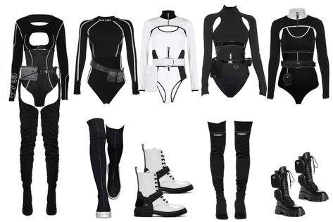 Performance Outfit Dance, Black And White Performance Outfit, Kpop Stage Outfits Ideas Black, Kpop Black And White Outfit, Black Spy Outfit, Black And White Stage Outfit, Performance Outfit Black, Spy Outfit Aesthetic, White Performance Outfit